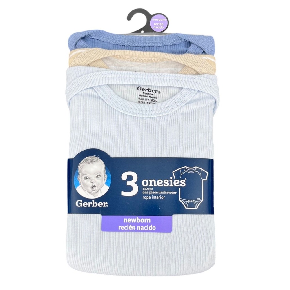 Gerber Onesies Bodysuits Boys Newborn Blue Tan Striped Ribbed Cotton 3 Pack
